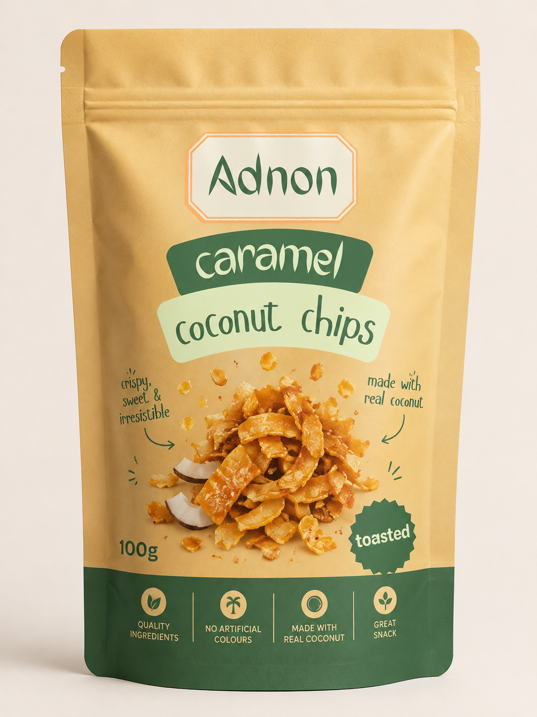 Adnon caramel coconut chips 100g package